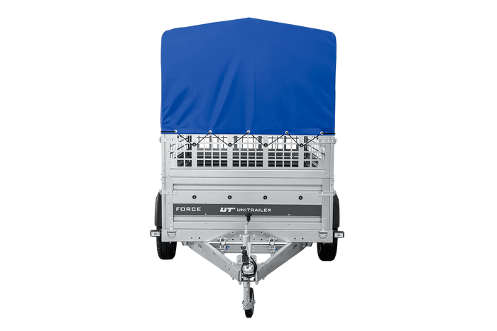 Remorque porte-voitures sur ressorts 230x125 UNITRAILER FORCE 230/R KIPP avec côtés en filet, châssis H-800 et bâche bleue