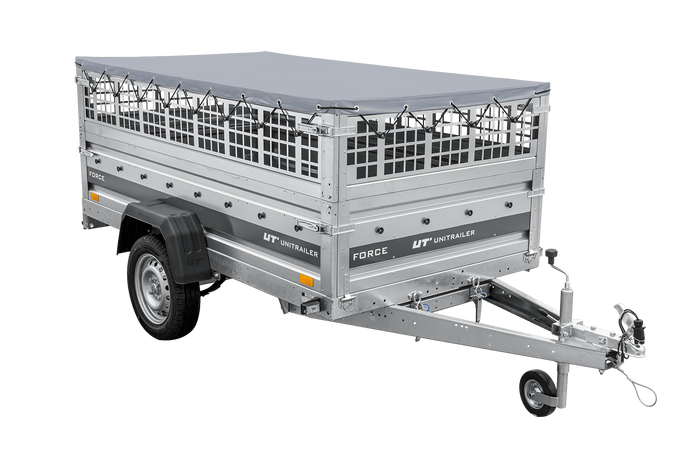 Remorque légère sur ressorts 230x125 UNITRAILER FORCE 230/R KIPP avec côtés en filet, châssis H-0 et bâche grise