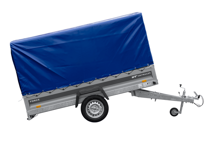 Remorque porte-voitures 264x125 UNITRAILER FORCE 264 KIPP avec châssis H-1100 et bâche bleue