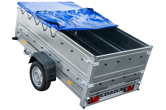 Remorque légère 230x125 UNITRAILER GARDEN 230 KIPP avec côtés BIS et bâche bleue