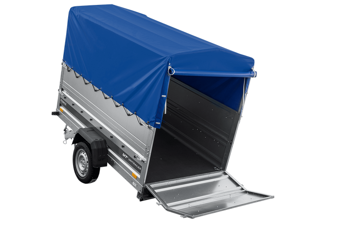 Remorque porte-voitures 230x125 UNITRAILER FORCE 230 KIPP avec ridelles BIS, châssis H-800 et bâche bleue