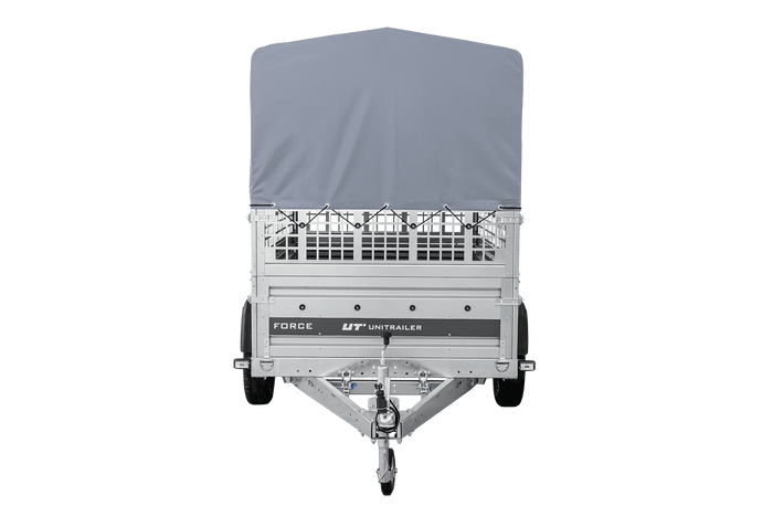 Remorque porte-voitures sur ressorts 230x125 UNITRAILER FORCE 230/R KIPP avec côtés en filet, châssis H-800 et bâche grise