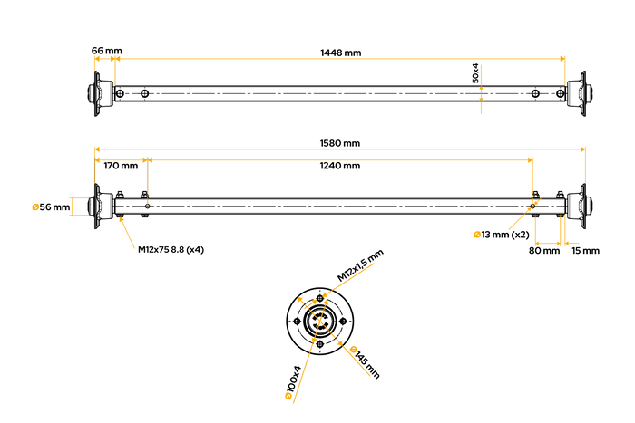 Essieu rigide à ressort KNOTT VR7 sans frein pour remorque 750 kg, 1240 mm, 1580 mm, 4x100