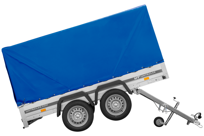 Remorque à deux essieux 264x125 UNITRAILER GARDEN TRAILER 264/2 KIPP avec châssis H-1100 et bâche bleue