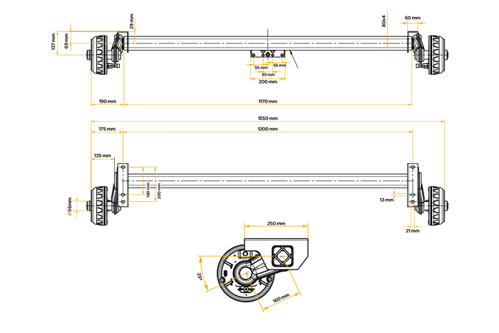 Essieu freiné KNOTT VGB13M pour remorque/porte-voitures 1350 kg, 1200 mm, 1550 mm, 5x112
