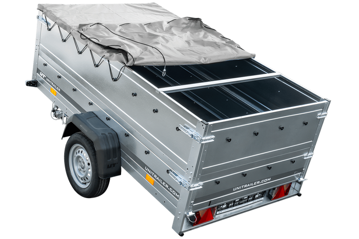 Grande remorque 230x125 avec bâche plate grise, tiges de support bâche, rehausses de ridelles et roue jockey - Garden Trailer 230 KIPP