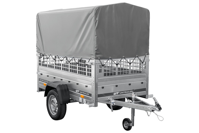 Remorque porte-voitures 200x106 UNITRAILER GARDEN 200 KIPP avec côtés en filet, châssis H-800 et bâche grise