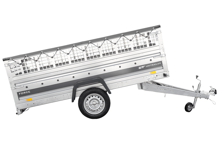 Remorque à un essieu 264x125 UNITRAILER FORCE 264 KIPP avec ridelles grillagées, châssis H-0 et bâche grise