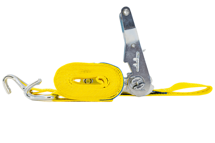 Ensemble de quatre courroies de transport jaunes UNITRAIER 3 m/25 mm/1 t avec tendeur