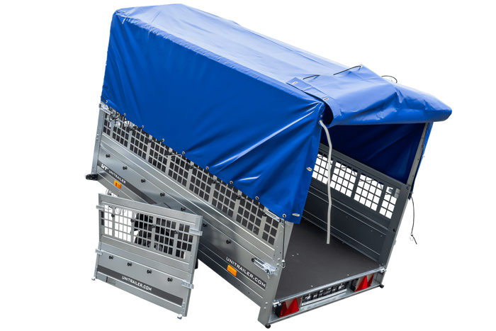 Remorque à un essieu 230x125 UNITRAILER GARDEN 230 KIPP avec côtés en filet, châssis H-800 et bâche bleue