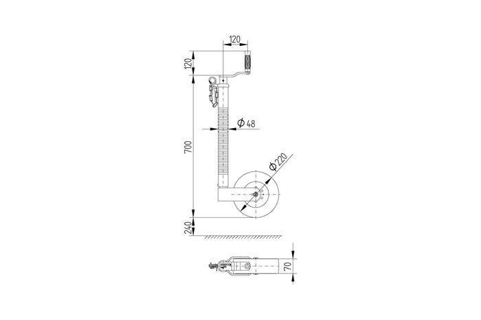 Roue jockey avec collier, collier en fonte KNOTT TK48+B48C6, tube ondulé, 300 kg, 48 mm, 700-940 mm