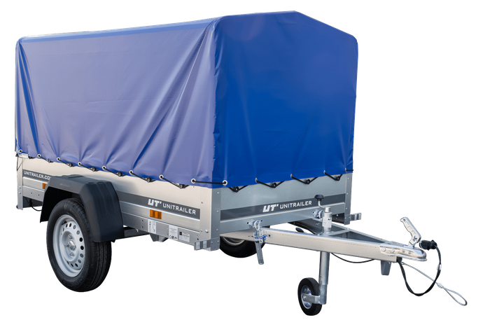 Remorque à un essieu 200x106 UNITRAILER GARDEN 200 KIPP avec châssis H-800 et bâche bleue