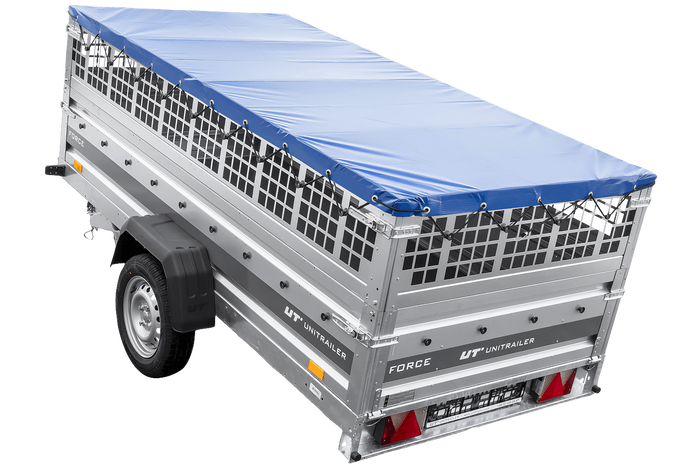 Remorque à un essieu 264x125 UNITRAILER FORCE 264 KIPP avec ridelles grillagées, châssis H-0 et bâche bleue