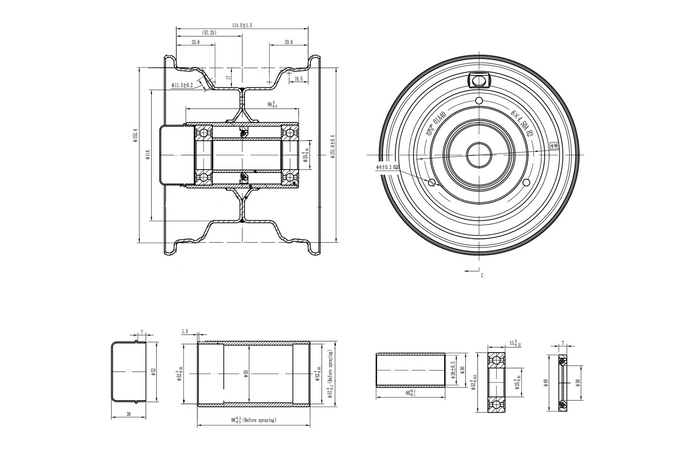 Jante en acier UNITRAILER 4,5A x 6"H2 3x96 avec roulements 6205-2RS