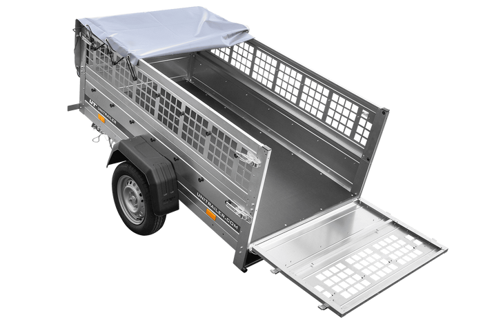Remorque à un essieu 200x106 UNITRAILER GARDEN 200 KIPP avec côtés en filet et bâche grise
