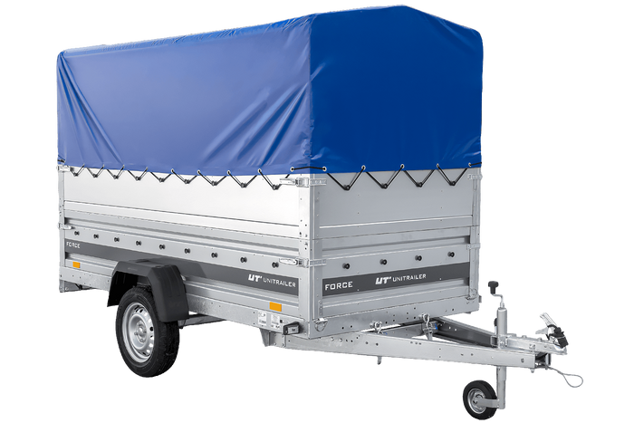 Remorque porte-voitures 264x125 UNITRAILER FORCE 264 KIPP avec ridelles BIS, châssis H-800 et bâche bleue