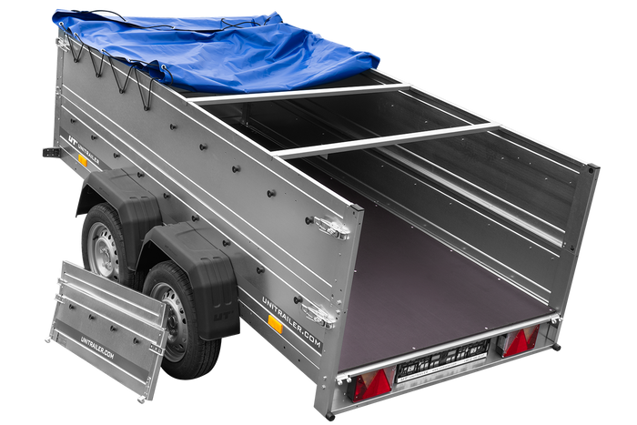 Remorque double essieux Garden Trailer 264/2 KIPP avec roue jockey, rehausses de ridelles et bâche plate bleue