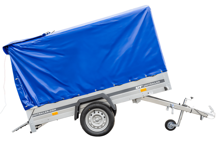Remorque porte-voitures 230x125 UNITRAILER GARDEN 230 KIPP avec châssis H-1100 et bâche bleue