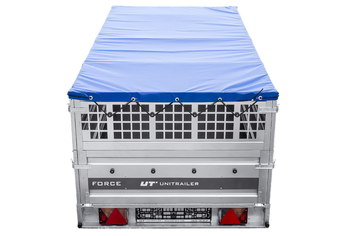 Remorque à un essieu sur ressorts 264x125 UNITRAILER FORCE 264/R KIPP avec côtés en filet, châssis H-0 et bâche bleue