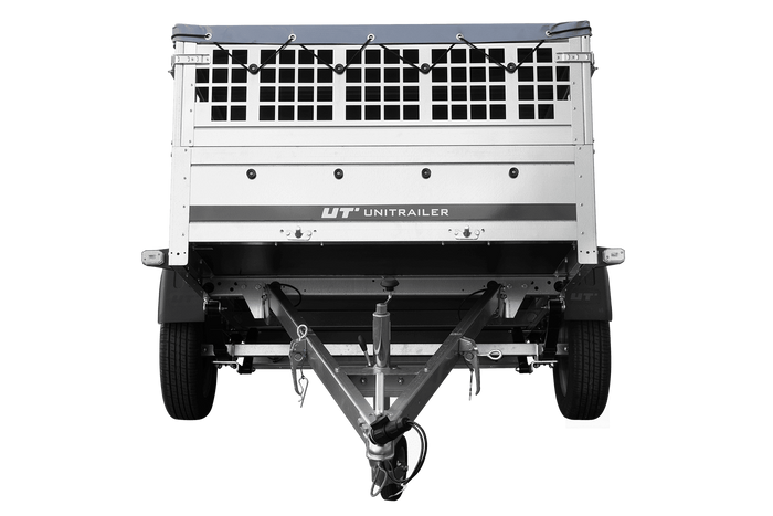 Remorque sur ressorts 200x125 UNITRAILER GARDEN 201/R KIPP avec côtés grillagés, châssis H-0 et bâche grise
