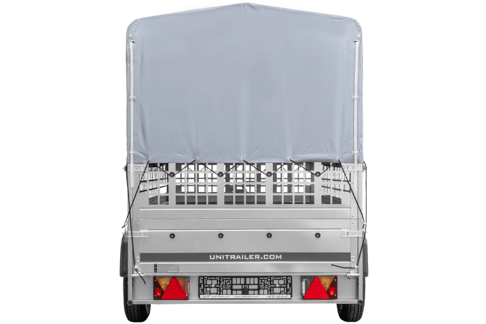 Remorque porte-voitures sur ressorts 264x125 UNITRAILER GARDEN 264/R KIPP avec côtés en filet, châssis H-800 et bâche grise