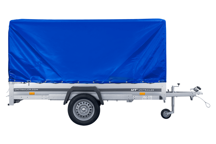 Remorque à essieu simple 264x150 UNITRAILER GARDEN 265 KIPP avec châssis H-1100 et bâche bleue