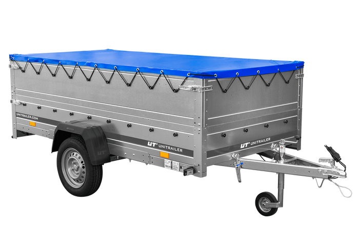 Remorque à un essieu sur ressorts 264x125 UNITRAILER GARDEN 264/R KIPP avec côtés, ridelles BIS, châssis H-0 et bâche bleue