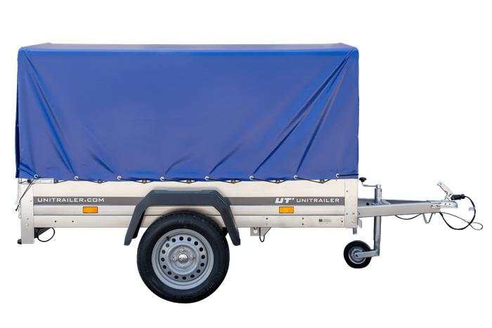Remorque à un essieu 200x106 UNITRAILER GARDEN 200 KIPP avec châssis H-800 et bâche bleue