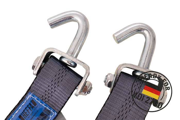 Lot de quatre sangles de transport, d'arrimage pour remorque HEFFA CARLINE 130,  fixation des roues 2,8 m/50 mm/5 t VDI 2700