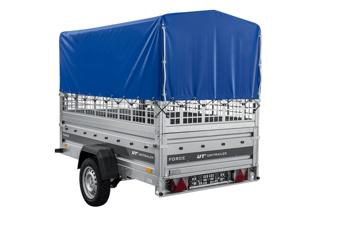 Remorque porte-voitures sur ressorts 230x125 UNITRAILER FORCE 230/R KIPP avec côtés en filet, châssis H-800 et bâche bleue