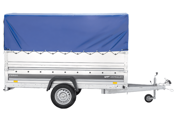 Remorque porte-voitures 264x125 UNITRAILER FORCE 264 KIPP avec ridelles BIS, châssis H-800 et bâche bleue
