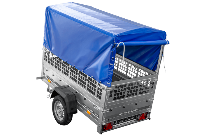 Remorque légère 200x106 UNITRAILER GARDEN 200 KIPP avec côtés en filet, châssis H-800 et bâche bleue