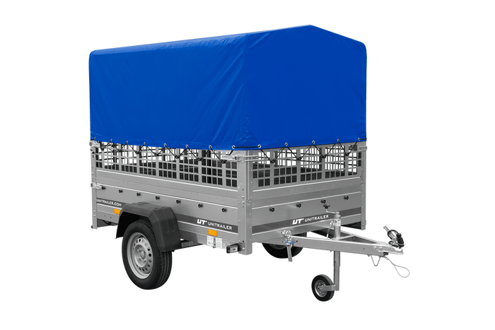 Remorque voiture 200x125 UNITRAILER GARDEN 201 KIPP avec ridelles grillagées, châssis H-800 et bâche grise