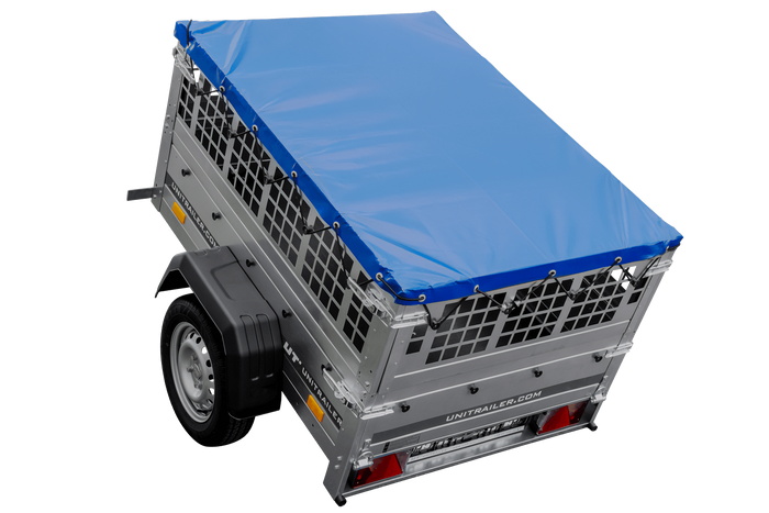 Remorque porte-voitures 150x106 UNITRAILER GARDEN 150 KIPP avec côtés en filet et bâche bleue