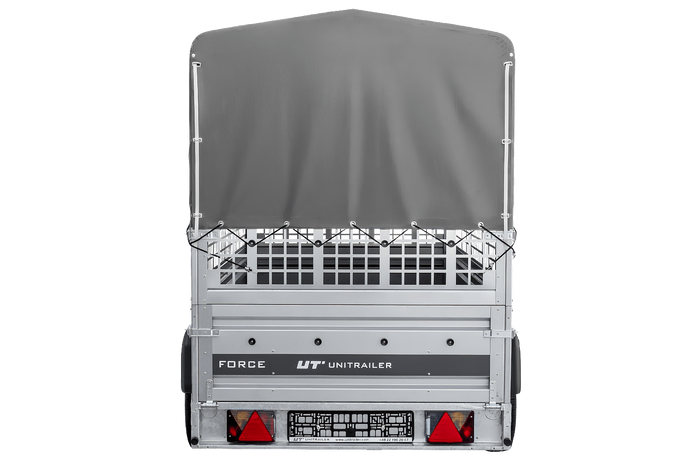 Remorque porte-voitures sur ressorts 264x125 UNITRAILER FORCE 264/R KIPP avec côtés en filet, châssis H-800 et bâche grise