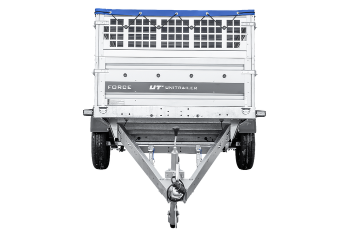 Remorque à un essieu sur ressorts 264x125 UNITRAILER FORCE 264/R KIPP avec côtés en filet, châssis H-0 et bâche bleue