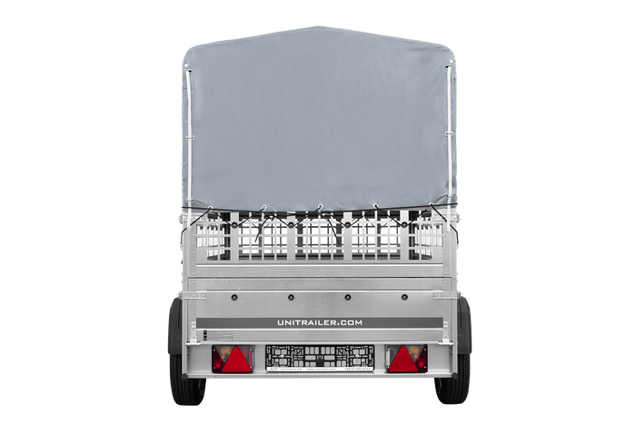 Remorque à un essieu sur ressorts UNITRAILER GARDEN 201/R KIPP 200x125 avec côtés en filet, châssis H-800 et bâche grise