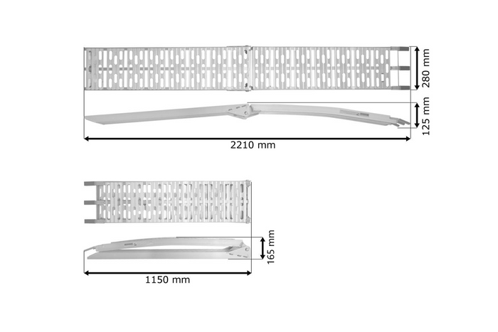 Rampe pliable UNITRAILER ALR003 en aluminium pour remorque, 221 cm, 340 kg, avec sangle et support.