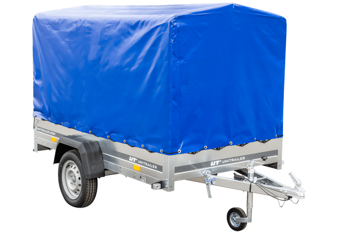 Remorque porte-voitures 230x125 UNITRAILER GARDEN 230 KIPP avec châssis H-1100 et bâche bleue