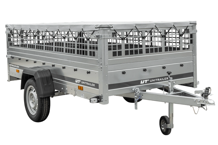 Remorque à un essieu sur ressorts 264x125 UNITRAILER GARDEN 264/R KIPP avec côtés en filet, châssis H-0 et bâche grise