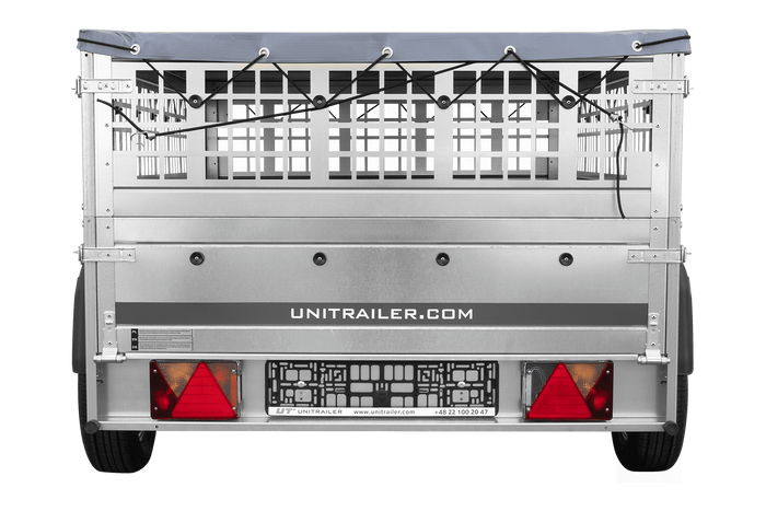 Remorque porte-voitures sur ressorts 200x125 UNITRAILER GARDEN 201/R KIPP avec côtés en filet, châssis H-0 et bâche grise