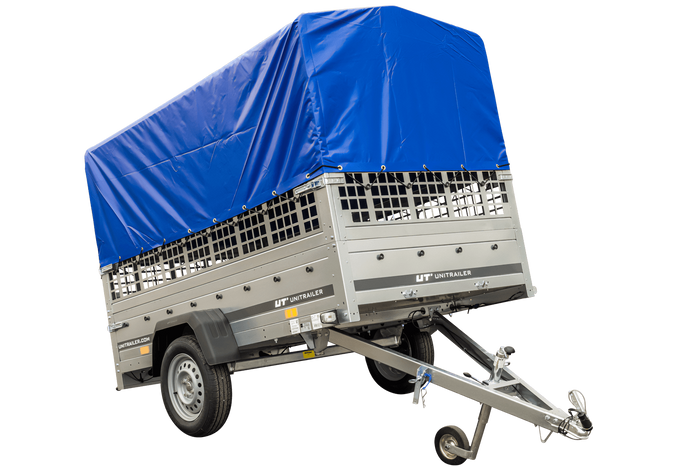 Remorque à un essieu 230x125 UNITRAILER GARDEN 230 KIPP avec côtés en filet, châssis H-800 et bâche bleue