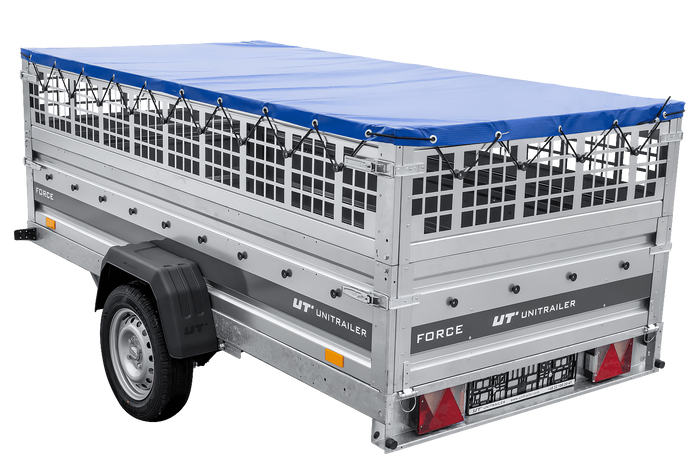 Remorque à un essieu sur ressorts 264x125 UNITRAILER FORCE 264/R KIPP avec côtés en filet, châssis H-0 et bâche bleue
