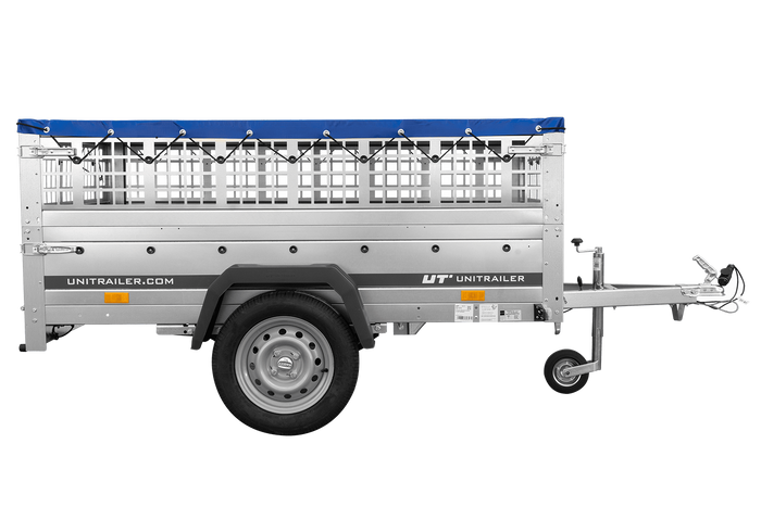 Remorque sur ressorts 200x125 UNITRAILER GARDEN 201/R KIPP avec ridelles grillagés, châssis H-0 et bâche bleue