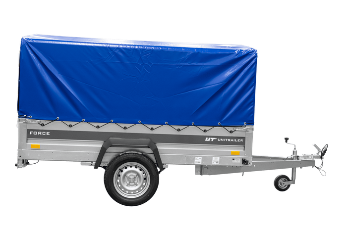 Remorque porte-voitures sur ressorts 230x125 UNITRAILER FORCE 230/R KIPP avec châssis H-800 et bâche bleue