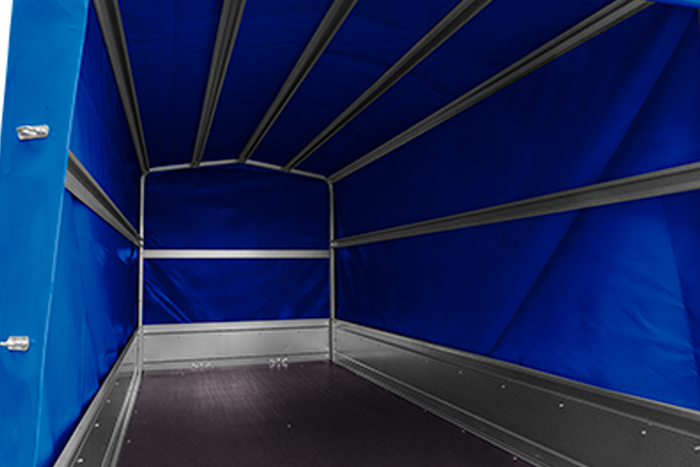 Remorque à deux essieux 264x125 UNITRAILER GARDEN TRAILER 264/2 KIPP avec châssis H-1100 et bâche bleue