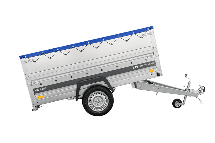 Remorque porte-voitures sur ressorts 230x125 UNITRAILER FORCE 230/R KIPP avec côtés BIS, châssis H-0 et bâche bleue