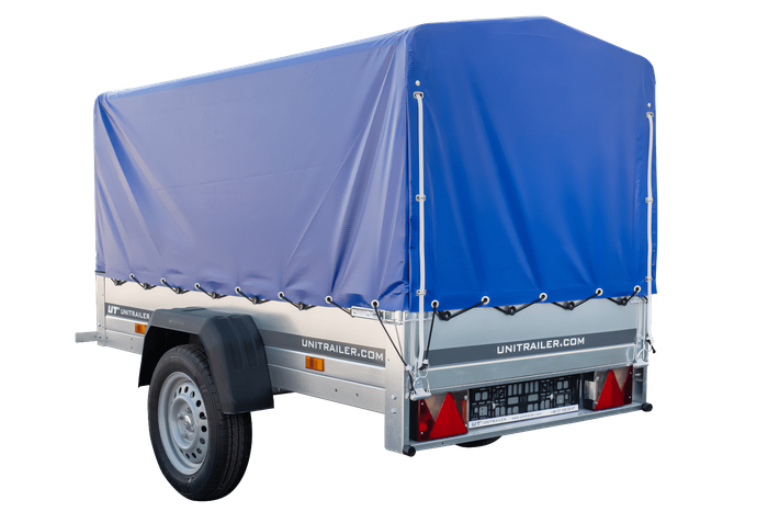 Remorque à un essieu 200x106 UNITRAILER GARDEN 200 KIPP avec châssis H-800 et bâche bleue
