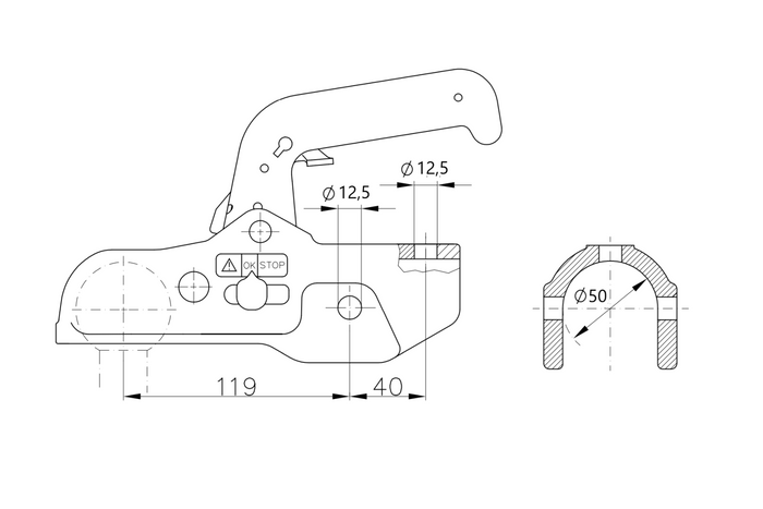 Attelage à boule WINTERHOFF WW 350-RB-K1212 pour remorque de 3500 kg avec timon tubulaire de 50 mm, en fonte