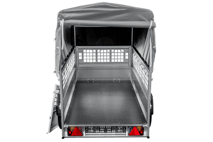 Remorque porte-voitures 200x106 UNITRAILER GARDEN 200 KIPP avec côtés en filet, châssis H-800 et bâche grise